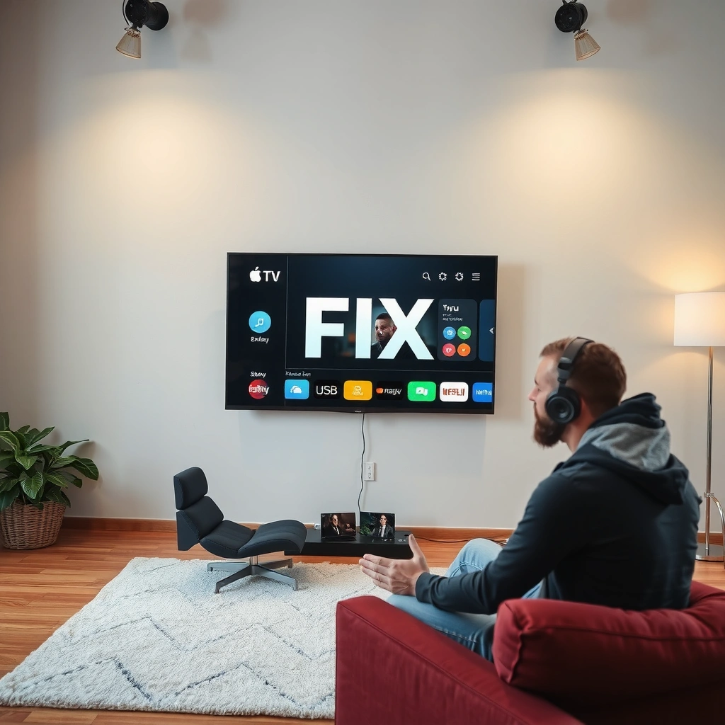 A person checking Apple TV app compatibility on a smart TV screen.
