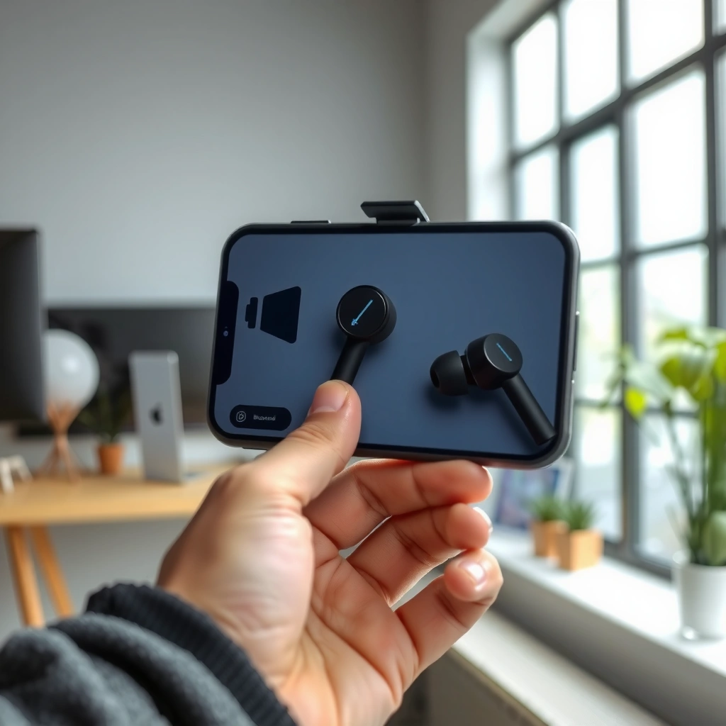 A person checking the pairing mode on Bluetooth earbuds for setup.