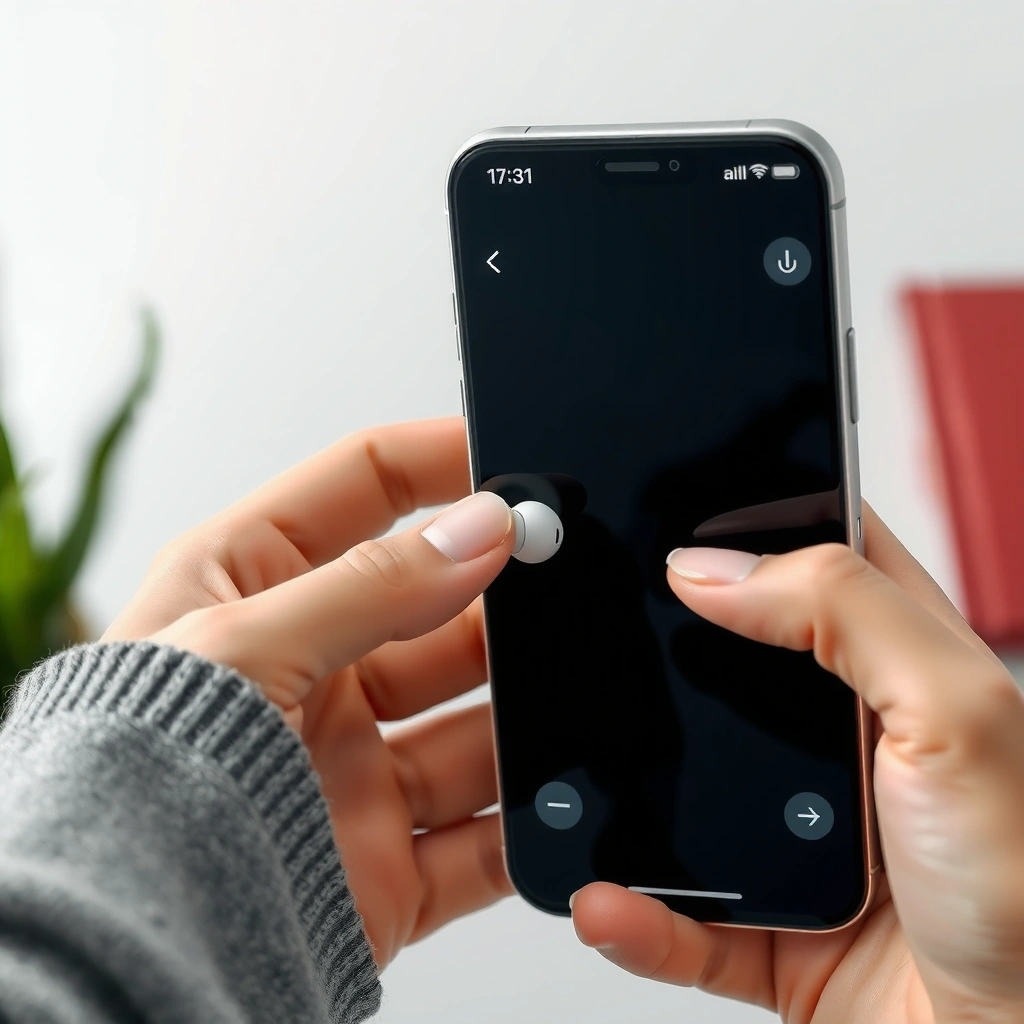 A person checking compatibility and charging true wireless earbuds for iPhone connection.