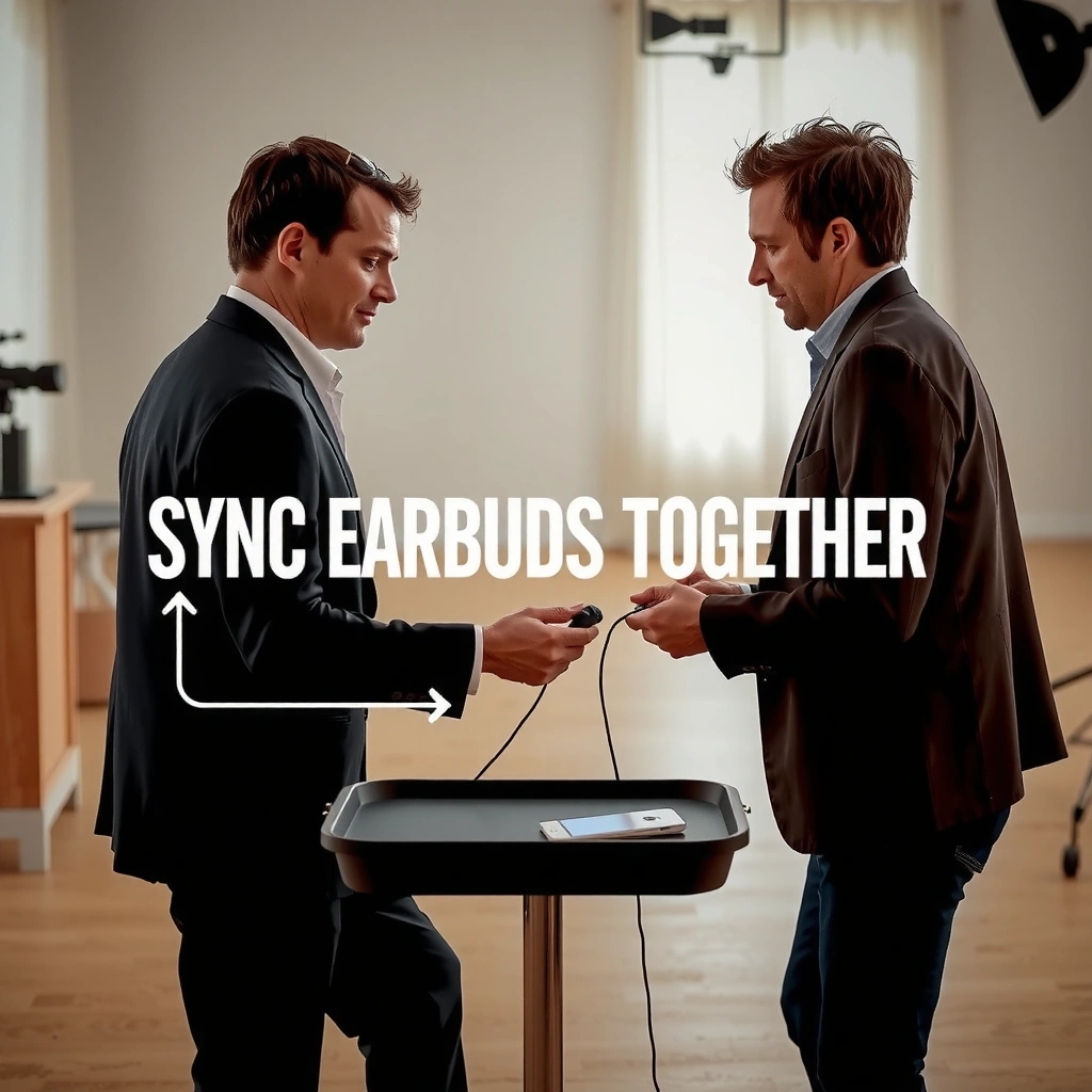 Close-up of earbuds with sync mode indicator, illustrating how to check sync settings for pairing.