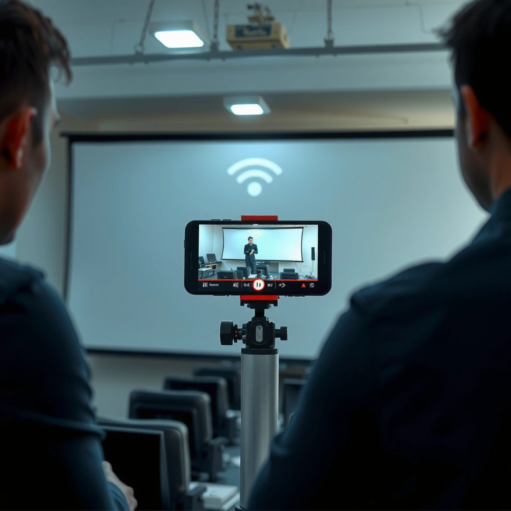 A person checking phone and projector compatibility for casting without Wi-Fi.