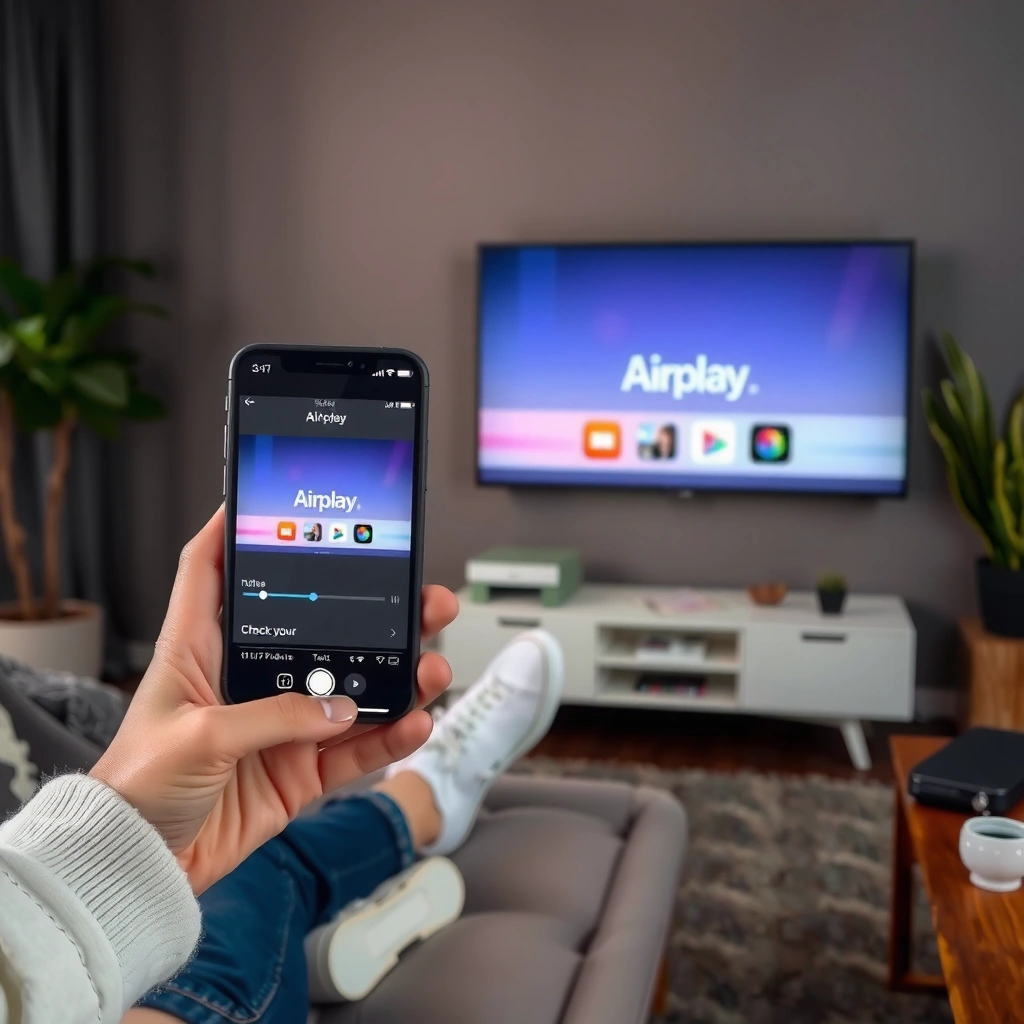 A person checking the AirPlay compatibility of a projector or receiver for iPhone streaming.