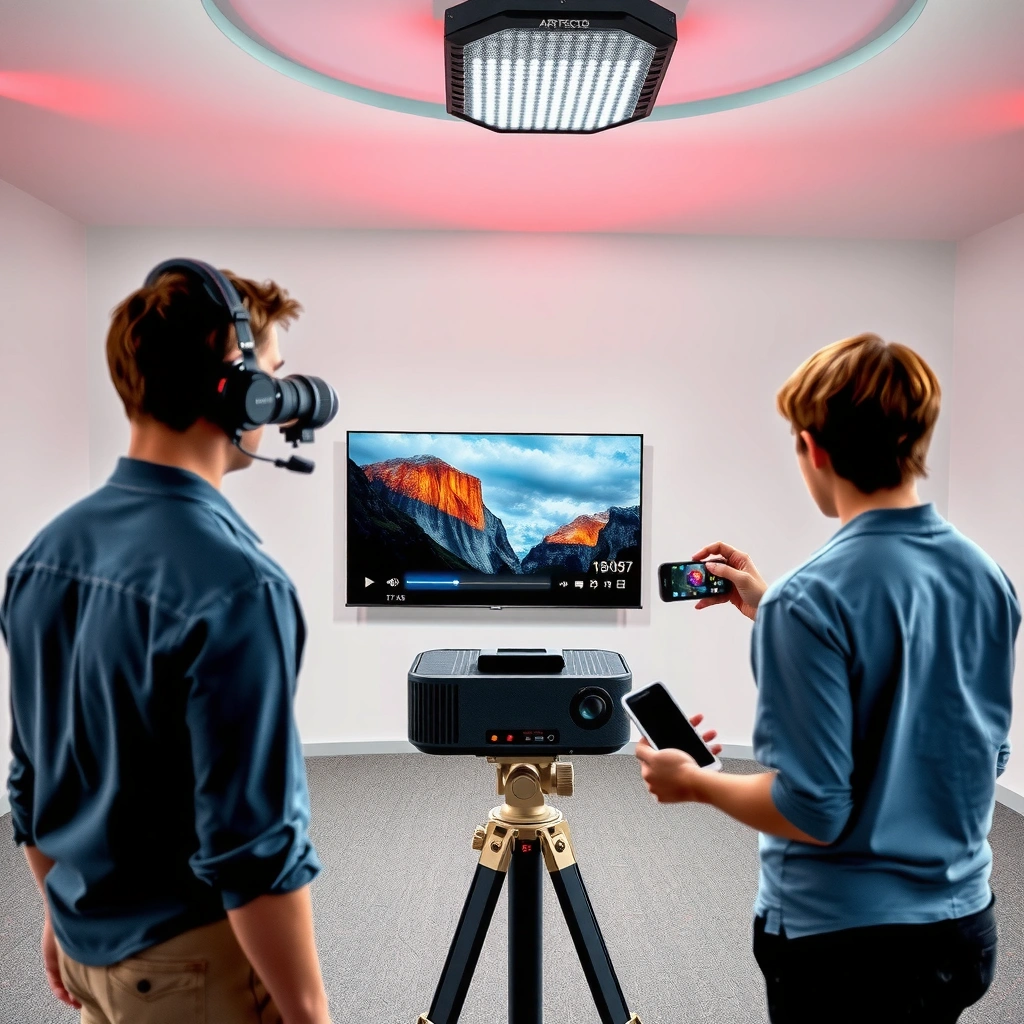 A person checking if a projector supports AirPlay functionality.