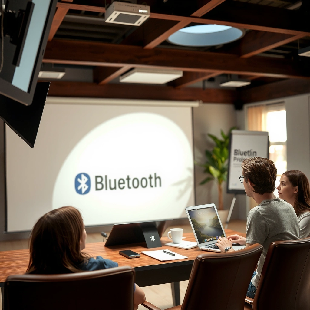 A person examining a projector to see if it has Bluetooth functionality for wireless connections.