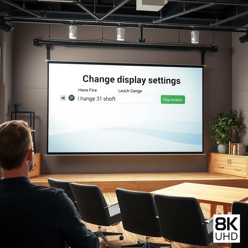 A technician checking the input and connection settings on a projector before adjusting display settings.