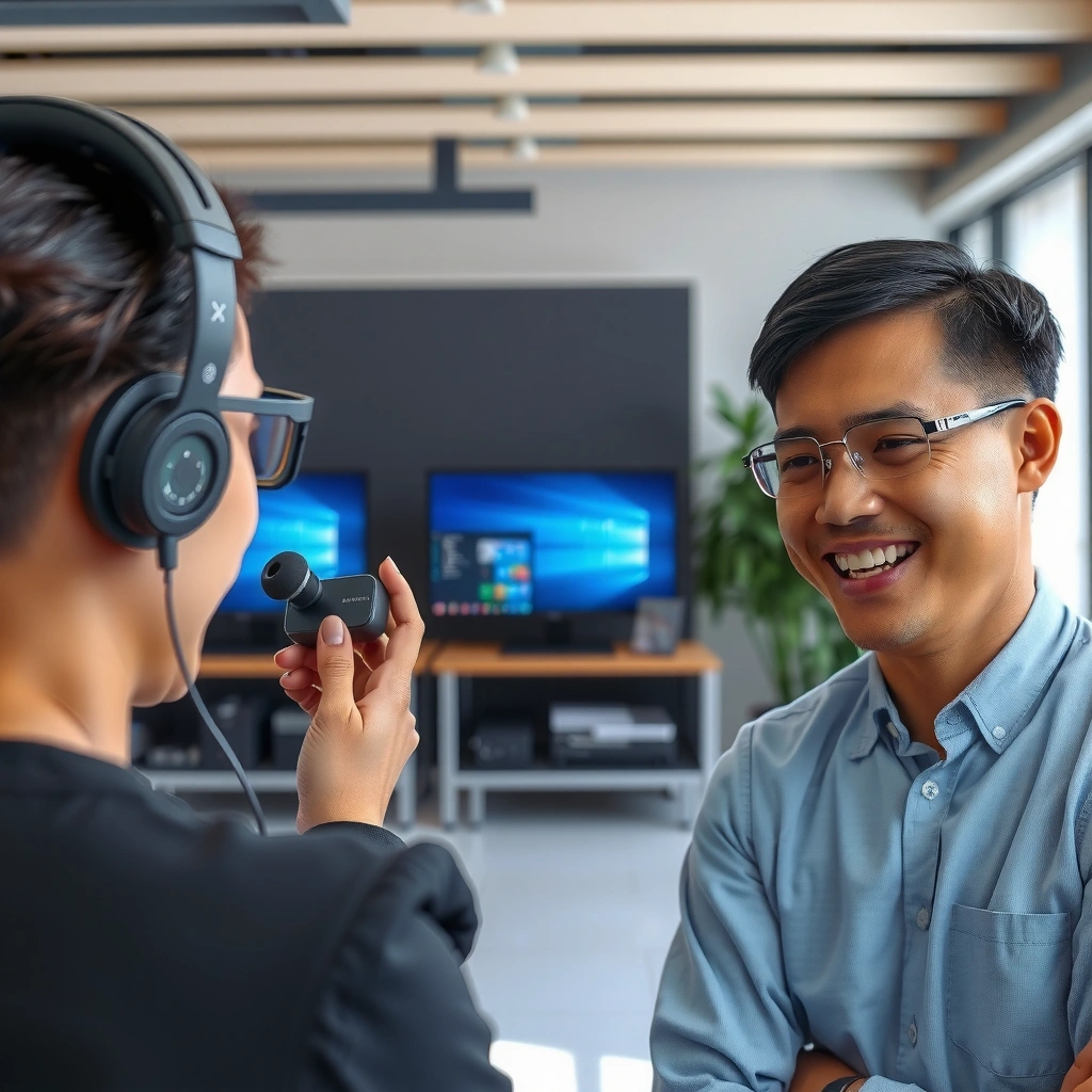 User checking compatibility and powering on Samsung earbuds for setup.