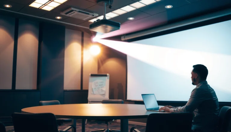 A professional selecting a projector for a conference room setup with screens and seating.
