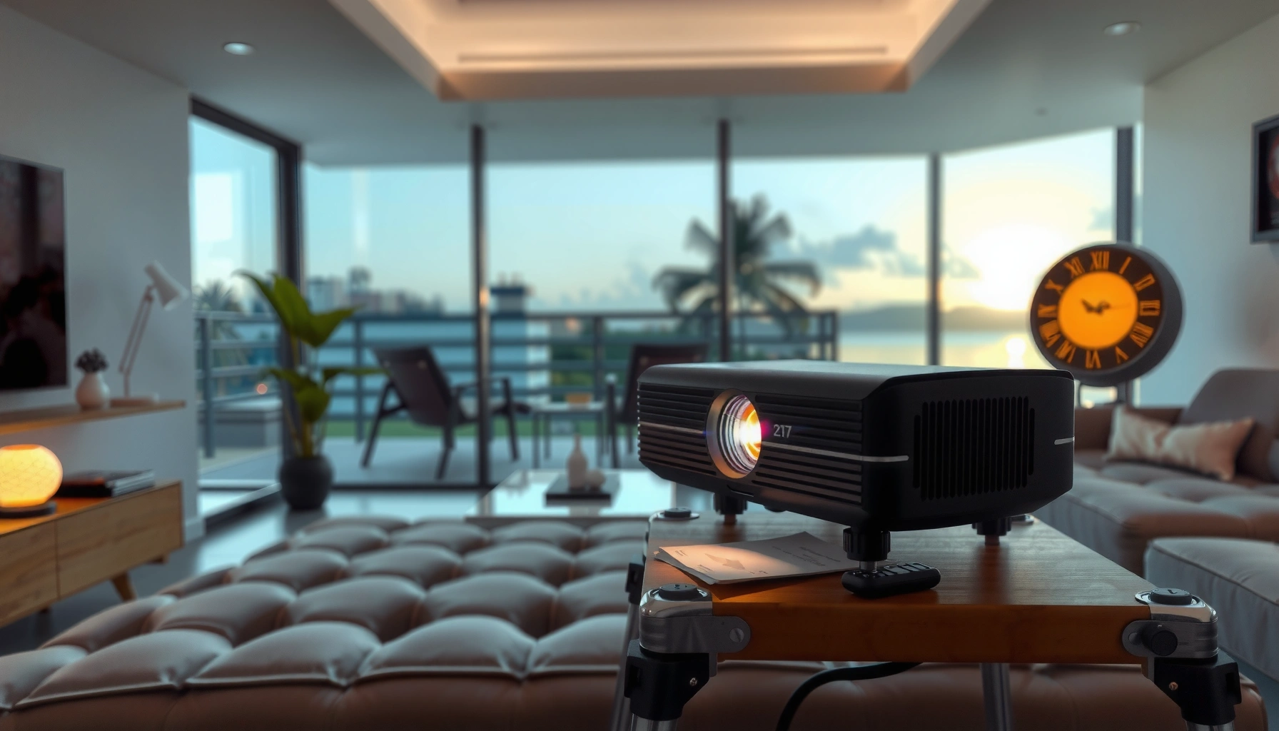 A person comparing different portable projectors for home and outdoor use.