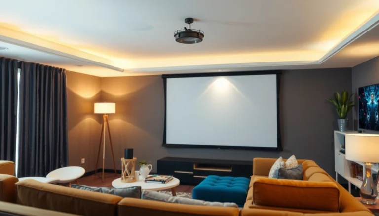 A home theater setup featuring a projector screen and seating, illustrating how to choose the right projector screen.