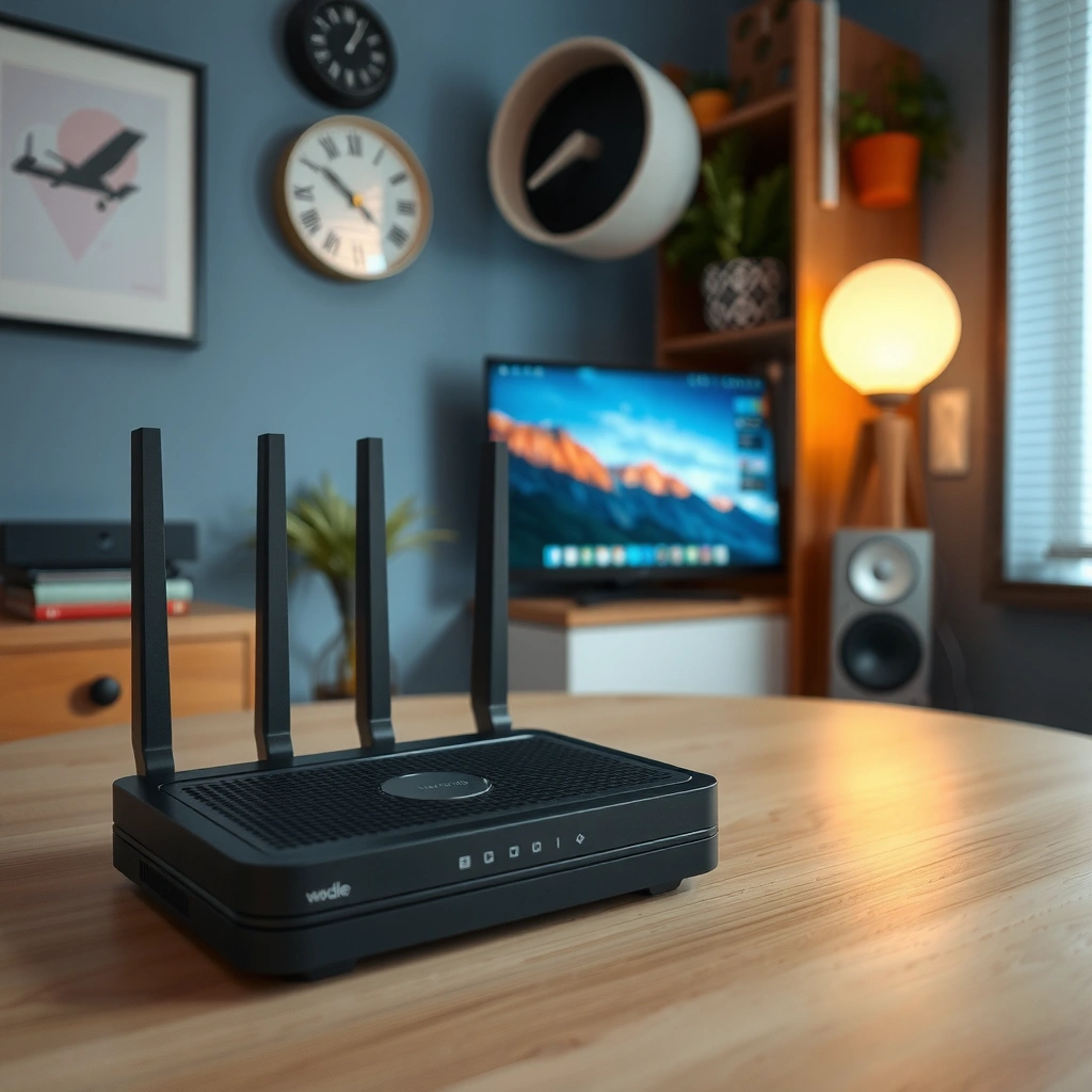 A clean setup showing the best hiding spots for a modem and router considering heat and access.