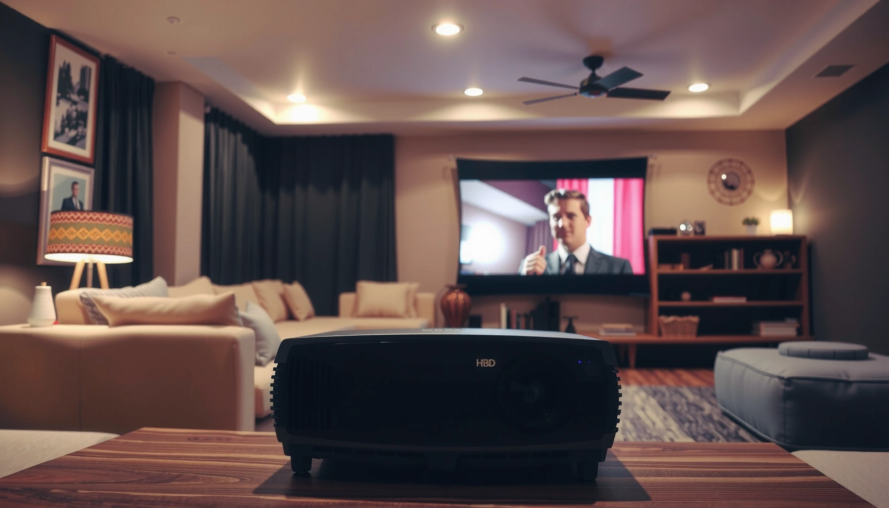 A projector setup in a lighted room, demonstrating the importance of lumens for optimal viewing.