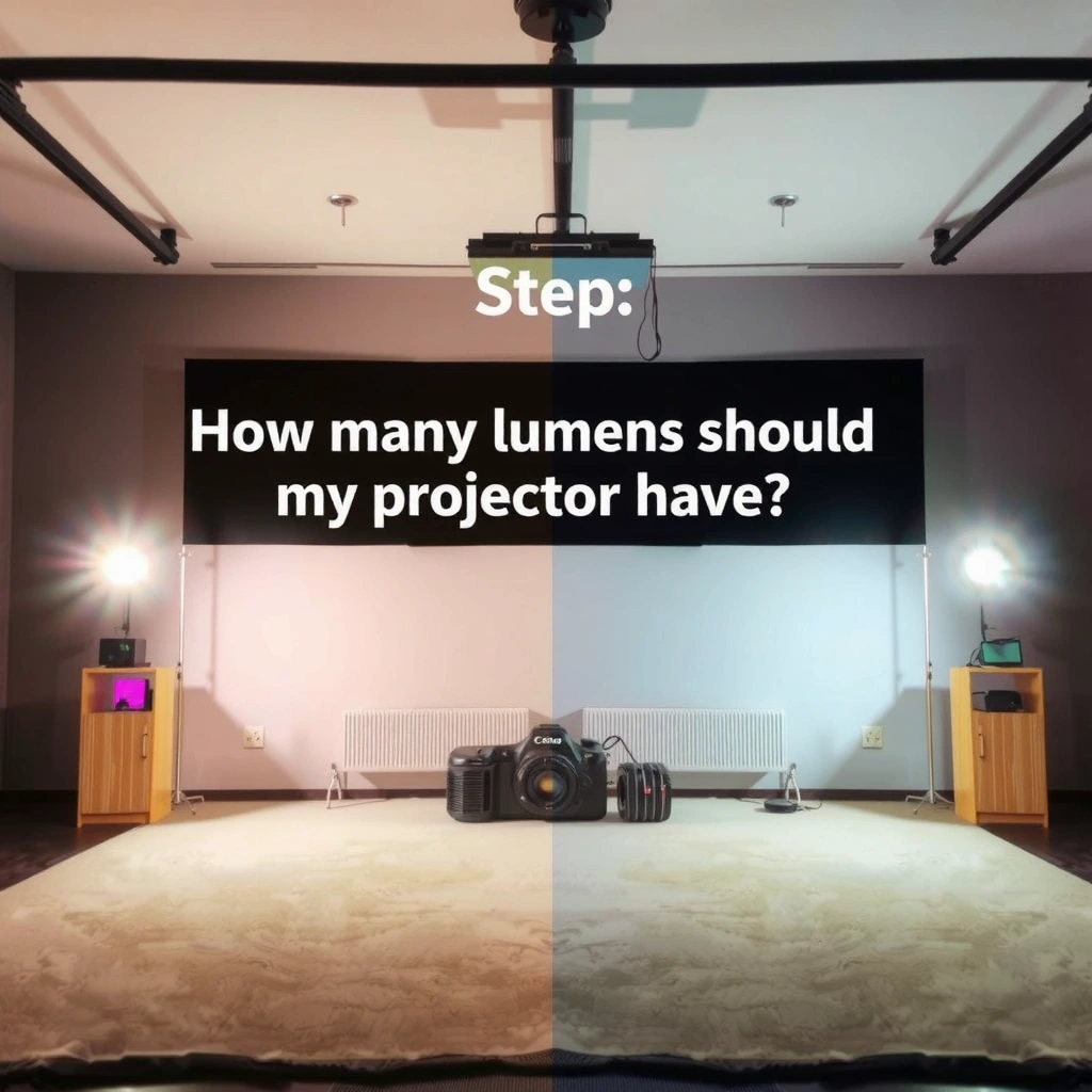 Visual guide for selecting viewing conditions based on room and screen size for projectors.