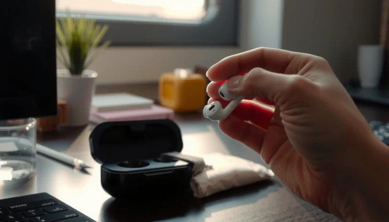 Person cleaning earbuds with a cloth, demonstrating simple steps for better sound quality.