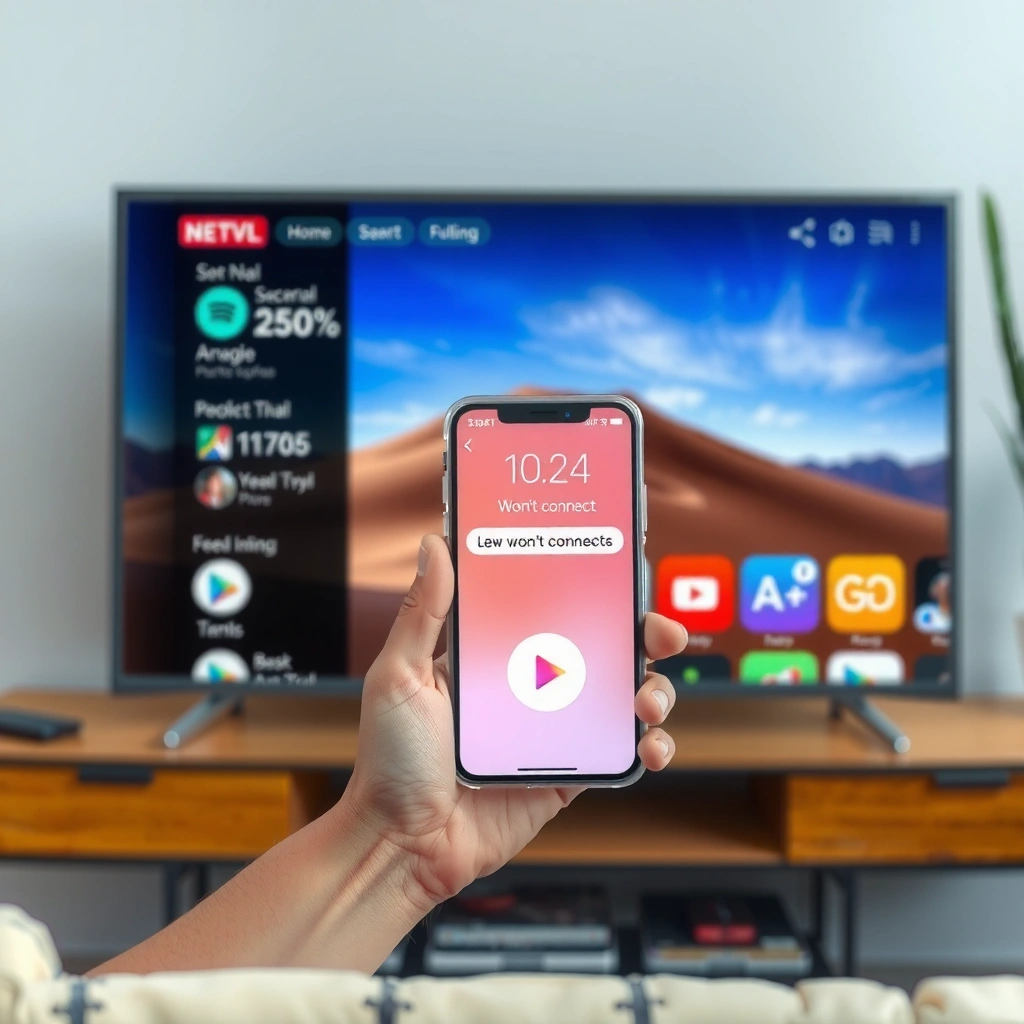Illustration of common causes for Smart TV not connecting to iPhone, with tips to identify them.