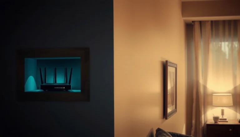 A creative setup showing practical ways to hide a WiFi router in home decor.