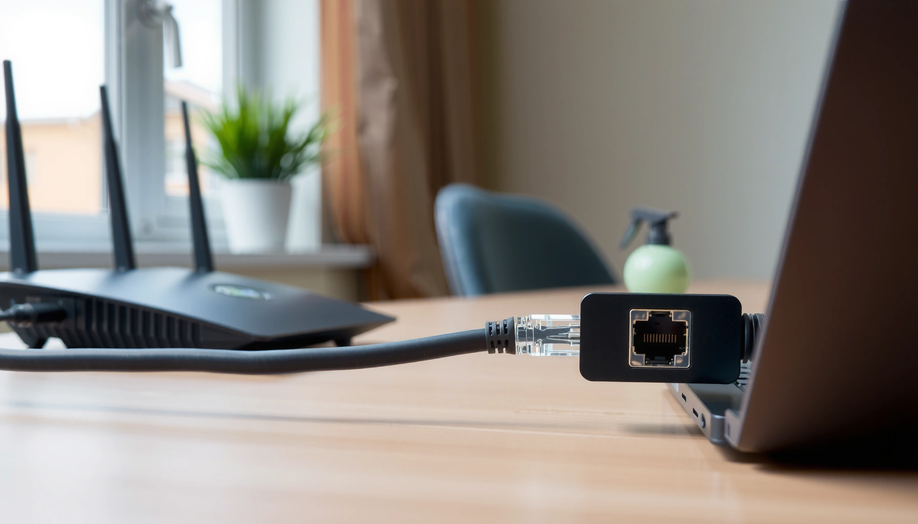 A person connecting an Ethernet cable to a laptop for a stable internet connection instead of Wi-Fi.