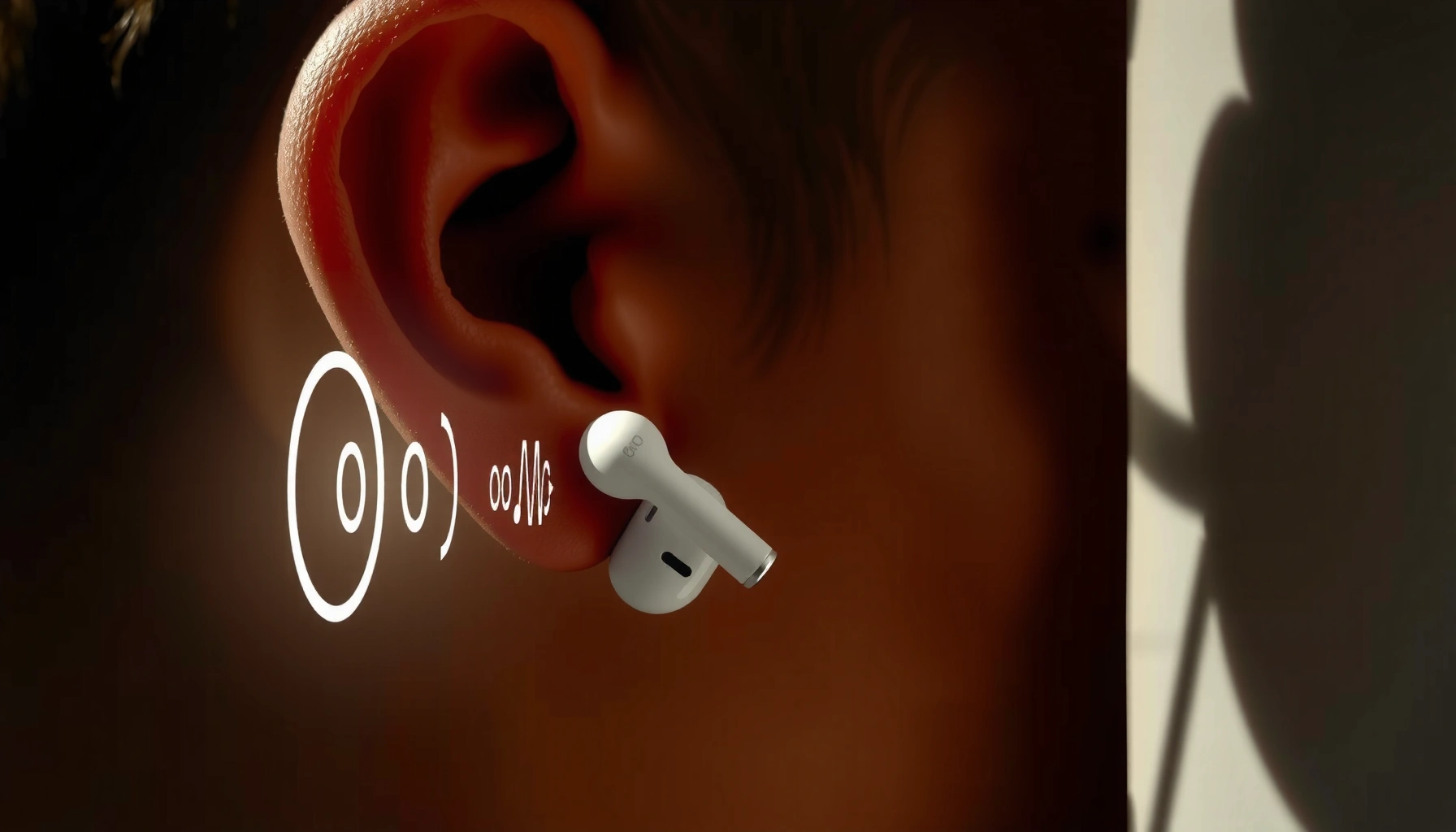 A pair of earbuds on a table, questioning if they damage ears and hearing health.