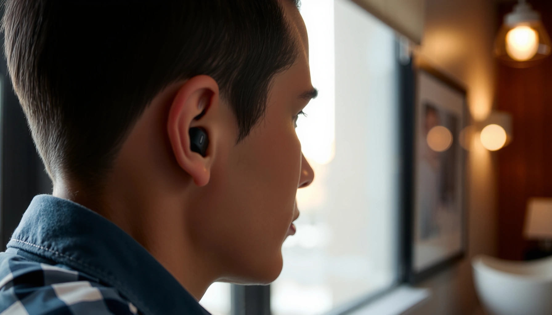 Person adjusting earbuds for proper fit and comfort while listening to music.