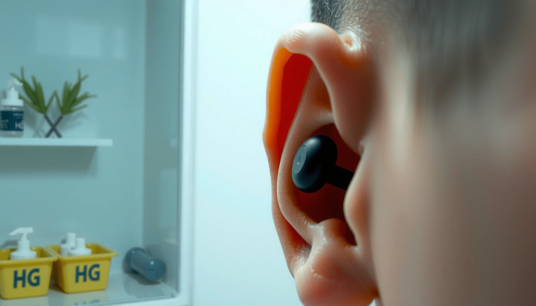 Person wearing earbuds while considering the risk of ear infections caused by prolonged use.