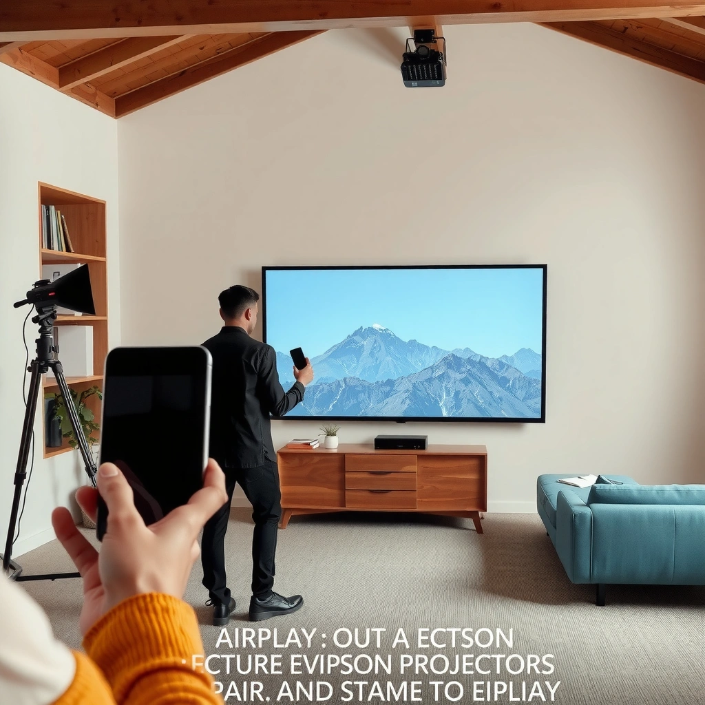 A close-up view of an Epson projector displaying AirPlay support options.