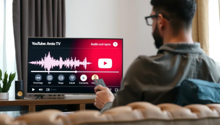 A smart TV displaying YouTube TV with audio out of sync, illustrating a common troubleshooting issue.