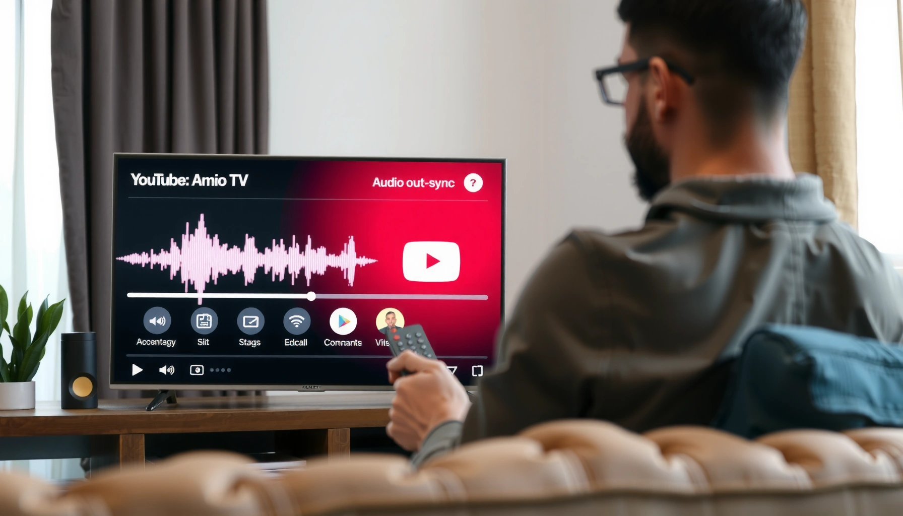 A smart TV displaying YouTube TV with audio out of sync, illustrating a common troubleshooting issue.