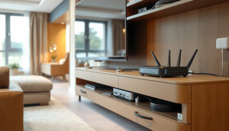 A clean and tidy setup showing creative ways to hide a modem and router for a neat home office.
