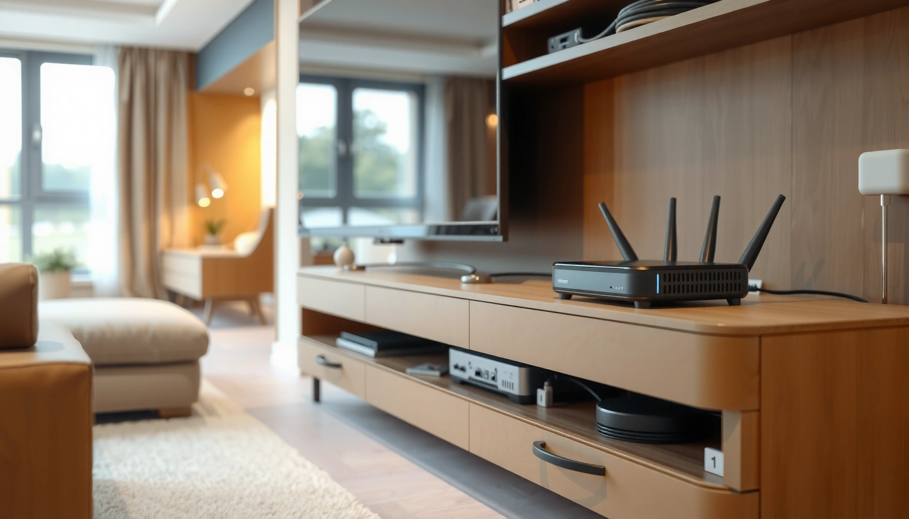 A clean and tidy setup showing creative ways to hide a modem and router for a neat home office.