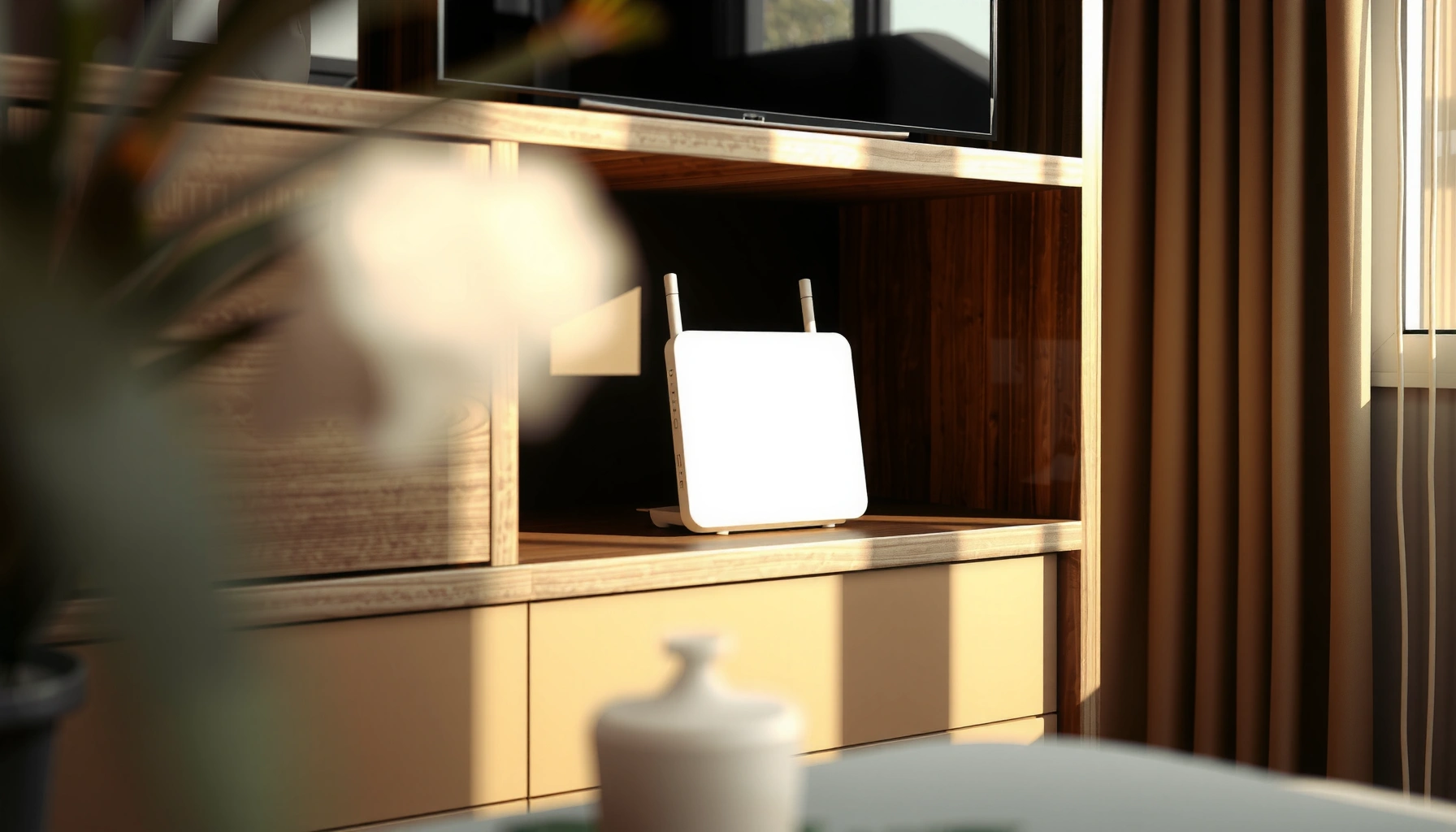 A neatly arranged home setup showing how to hide a router and modem for better aesthetics and functionality.