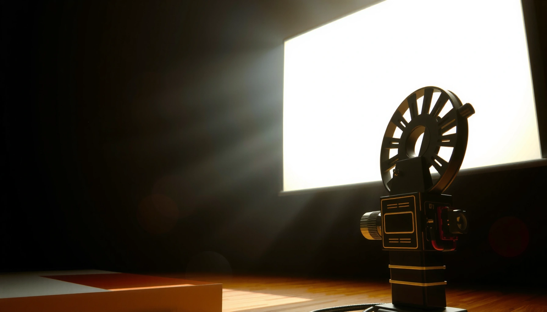 Illustration showing the key steps of how a movie projector works, including light source and lens system.