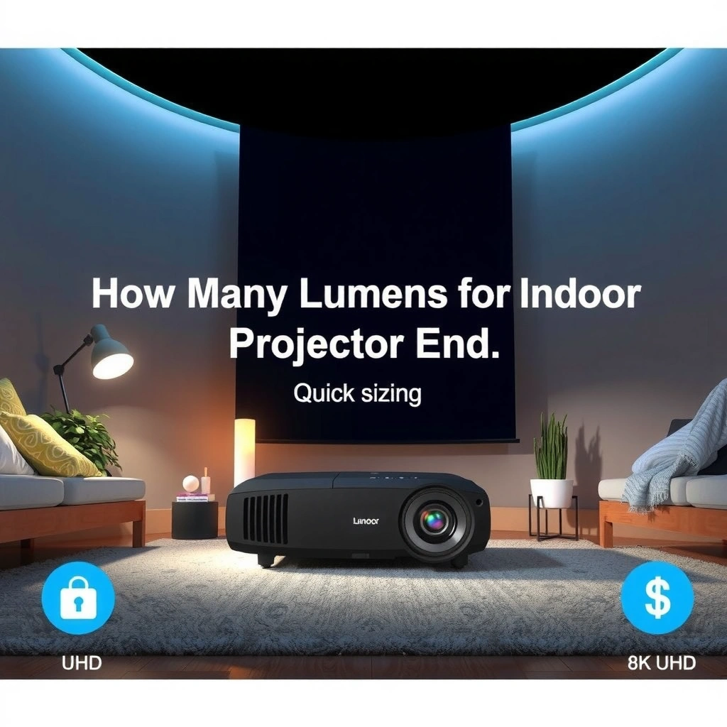 Illustration showing the indoor lumen range and factors affecting projector brightness for optimal viewing.