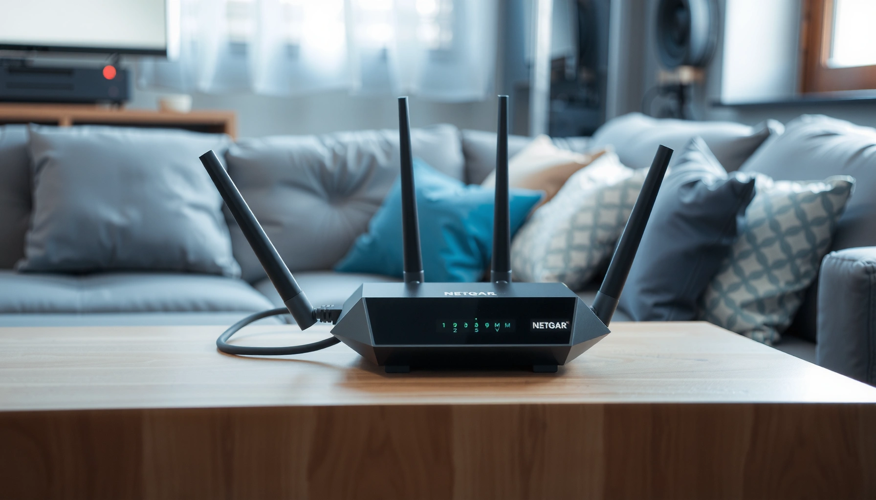 A Netgear router on a desk, representing guidance for buyers considering Netgear routers.