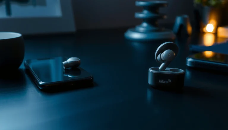Jabra earbuds connected to an iPhone, showcasing compatibility features.
