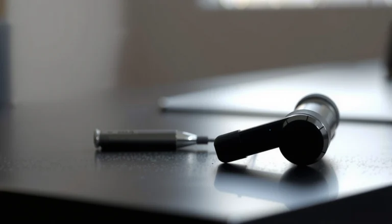 Close-up of JLab earbuds showcasing their microphone feature for calls and audio.