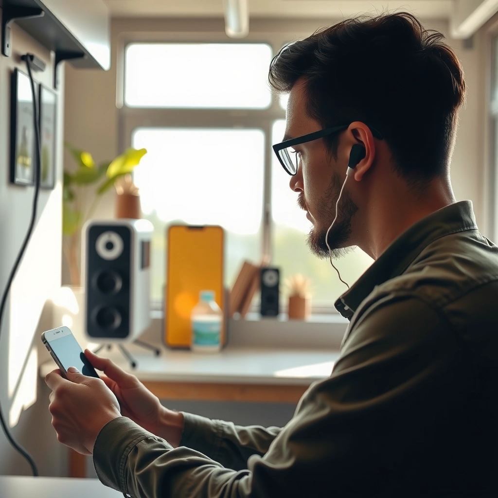 A person searching for earbuds in various locations like a desk and bag, showcasing tips to find lost earbuds.