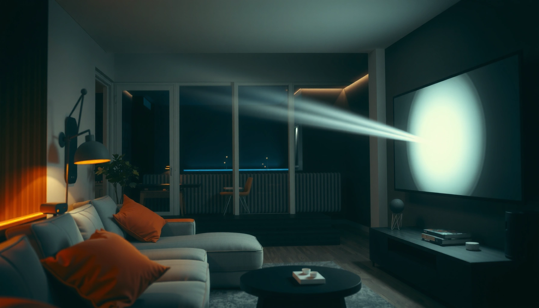 A living room setup showing a projector with brightness levels, illustrating how many lumens are ideal for projectors.