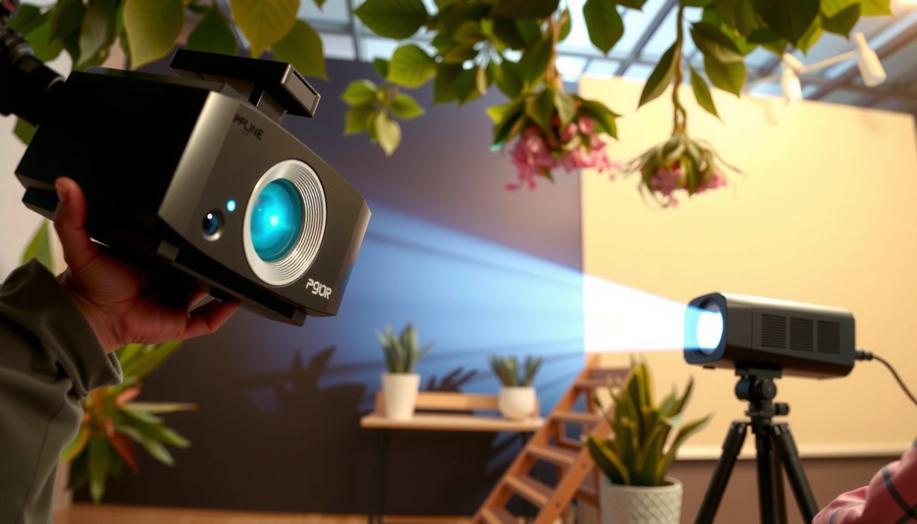 A projector displaying bright lumens in daylight conditions for optimal viewing.