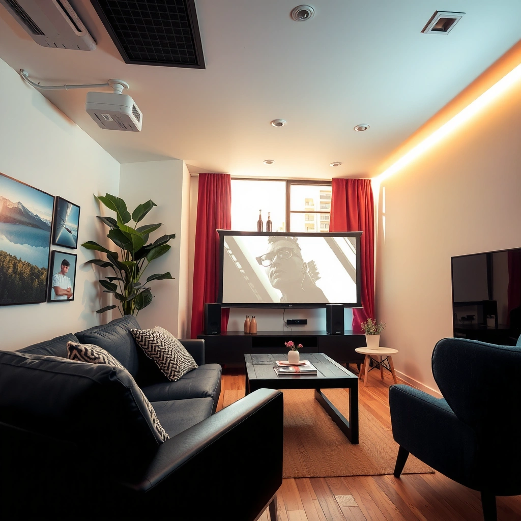 Illustration of throw distance, screen size, and lighting for home projector setup