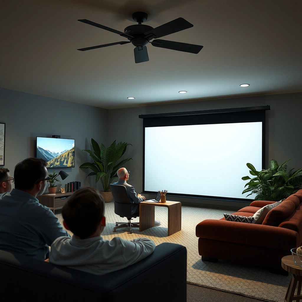 Measuring space for video projector throw distance and screen size in a home setup.