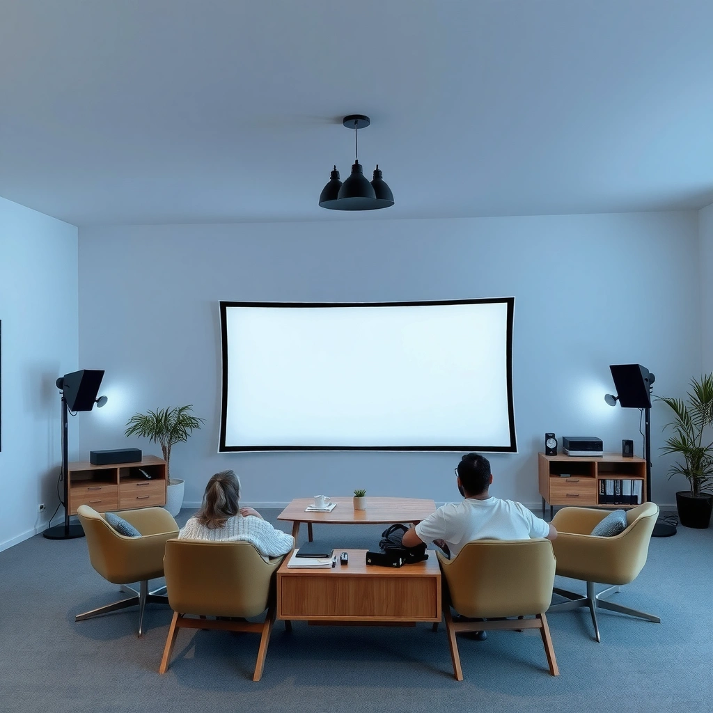 A person measuring the width of a projector screen for optimal seating distance.