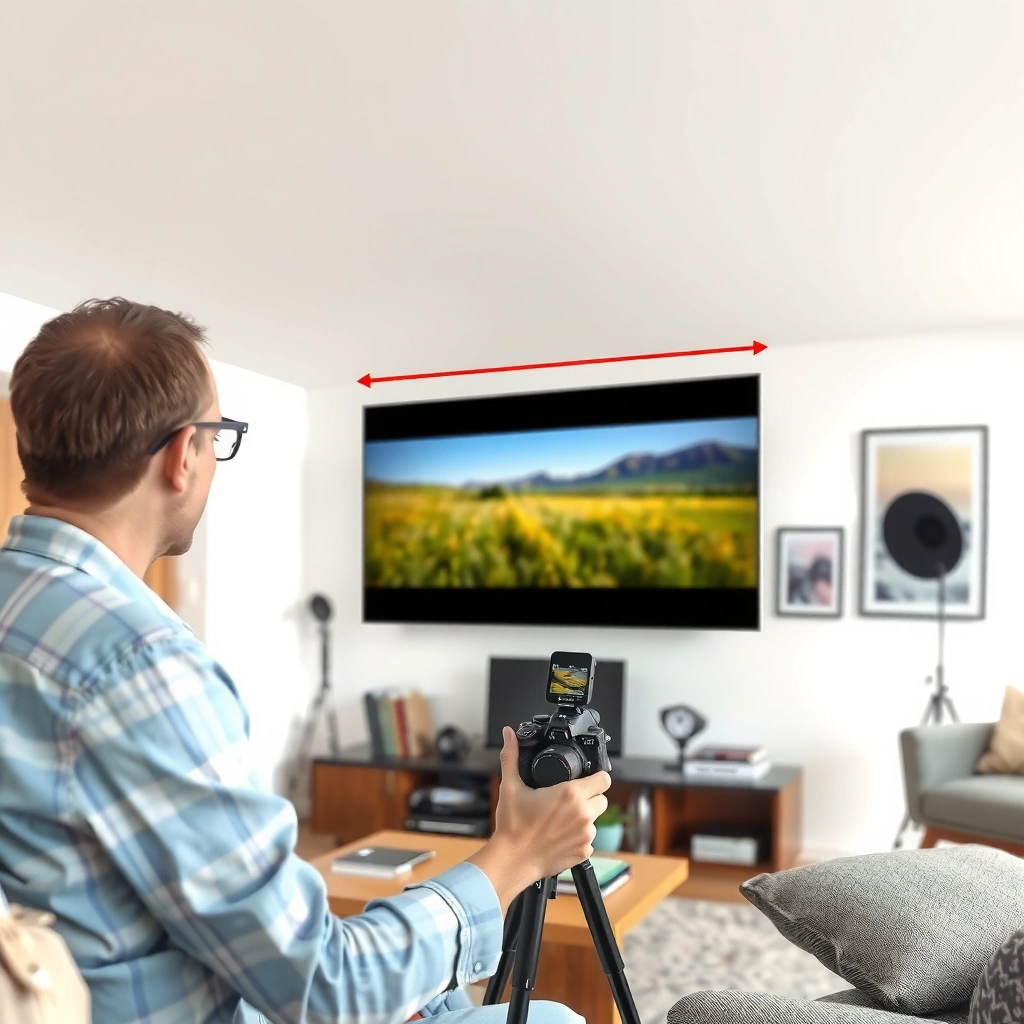A person measuring the diagonal size of a TV with a tape measure for accurate viewing distance calculations.