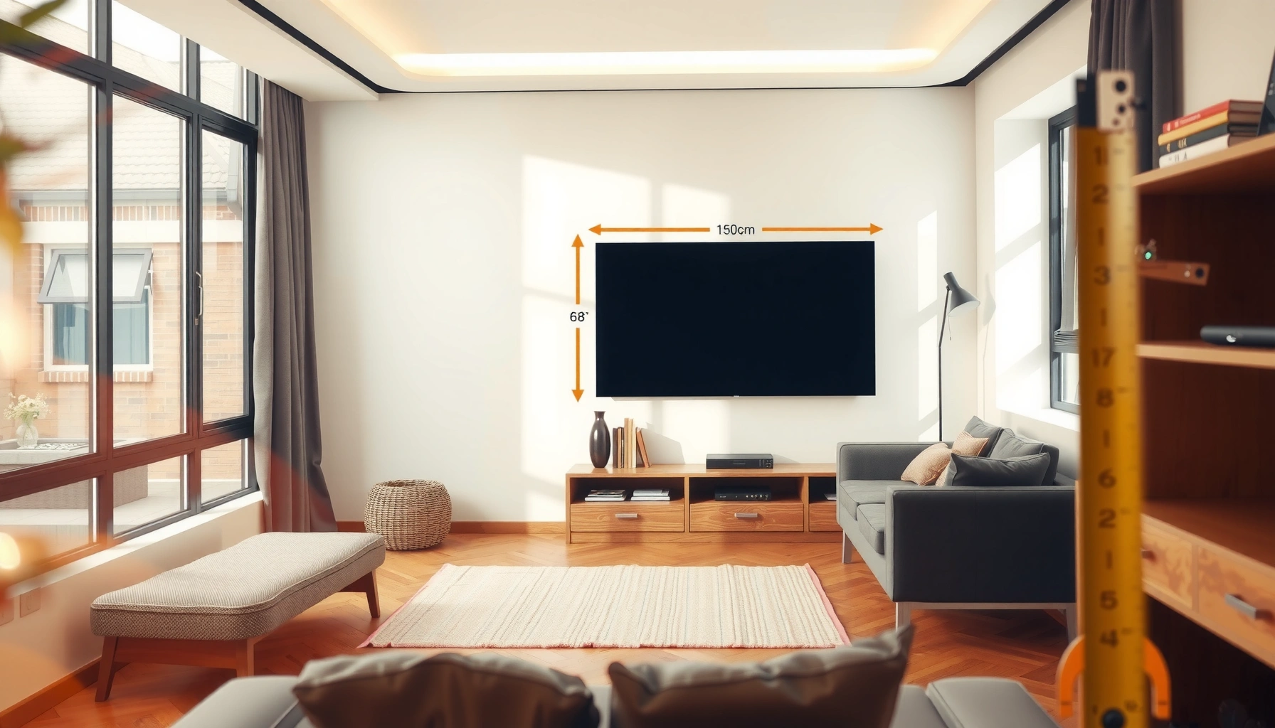 A person measuring a room to determine the appropriate TV size for optimal viewing experience.
