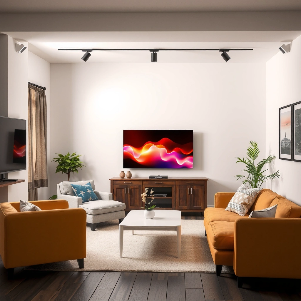 A person measuring the distance from the seating area to the TV for optimal viewing size.