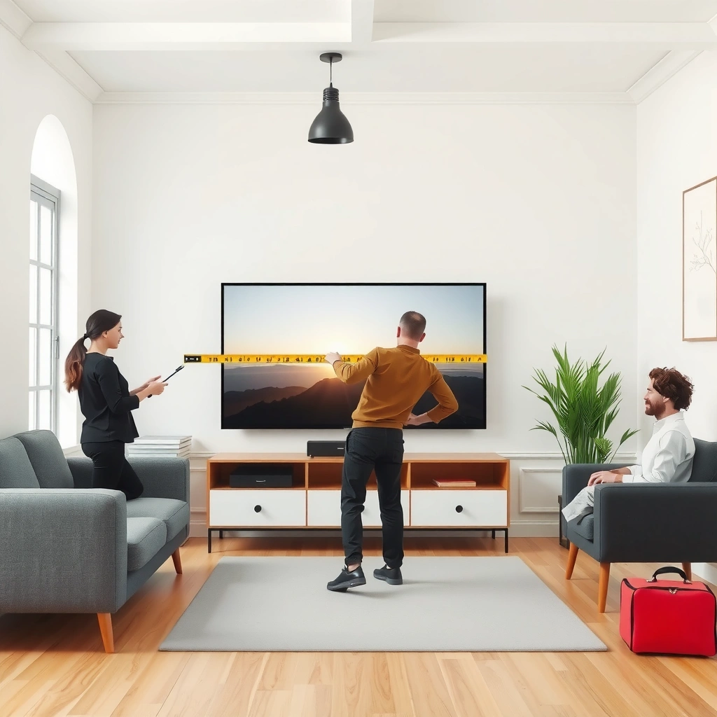 A person measuring the distance from the TV to the seating area, crucial for TV size calculation.