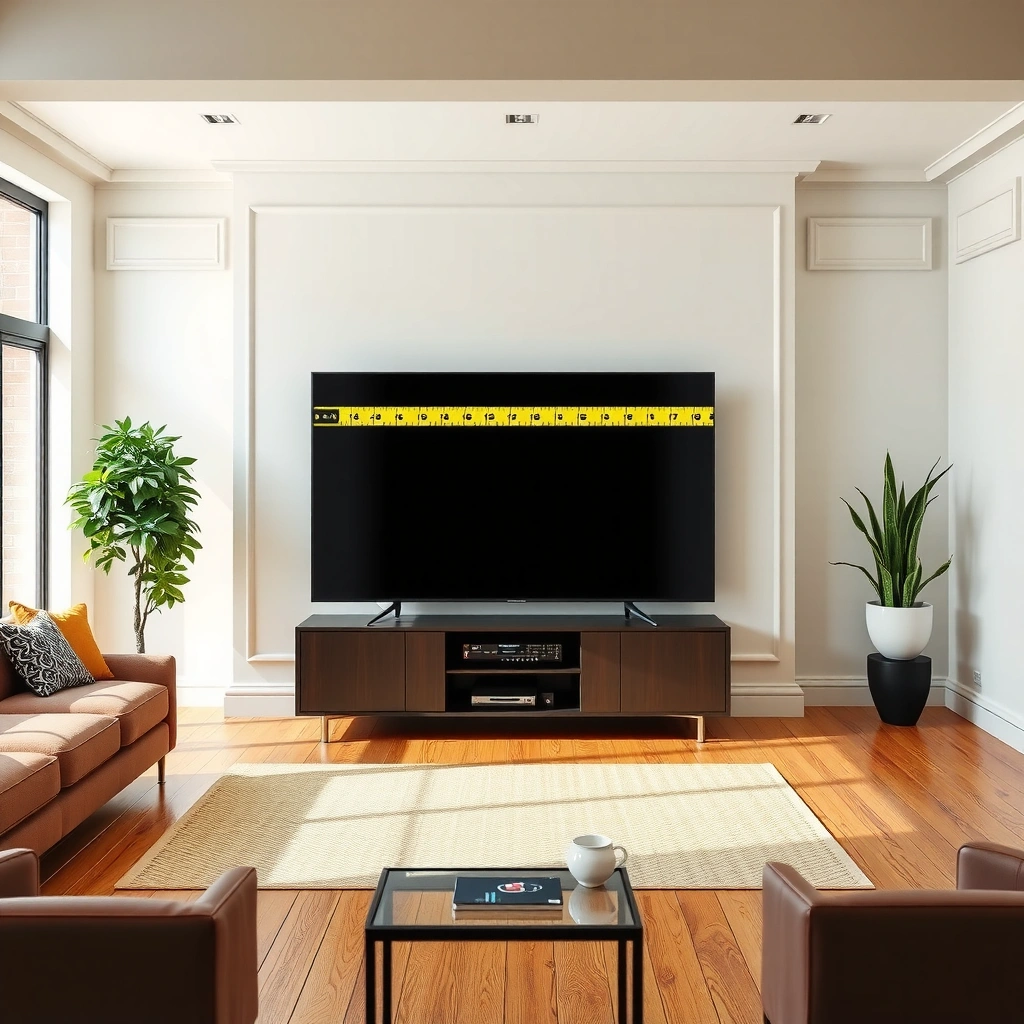 A person measuring the distance from the seating area to the TV for proper size calculation.
