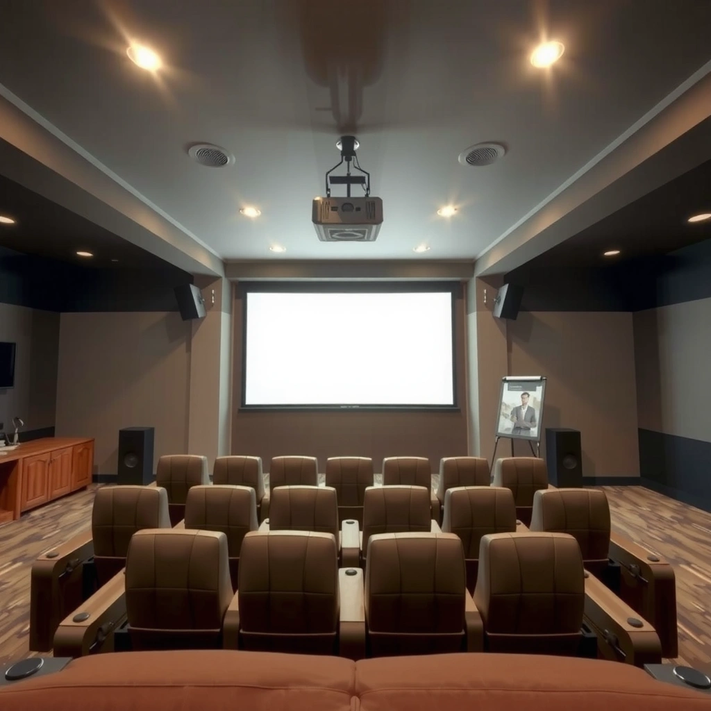 A person measuring the distance for a projector screen setup in a home theater environment.