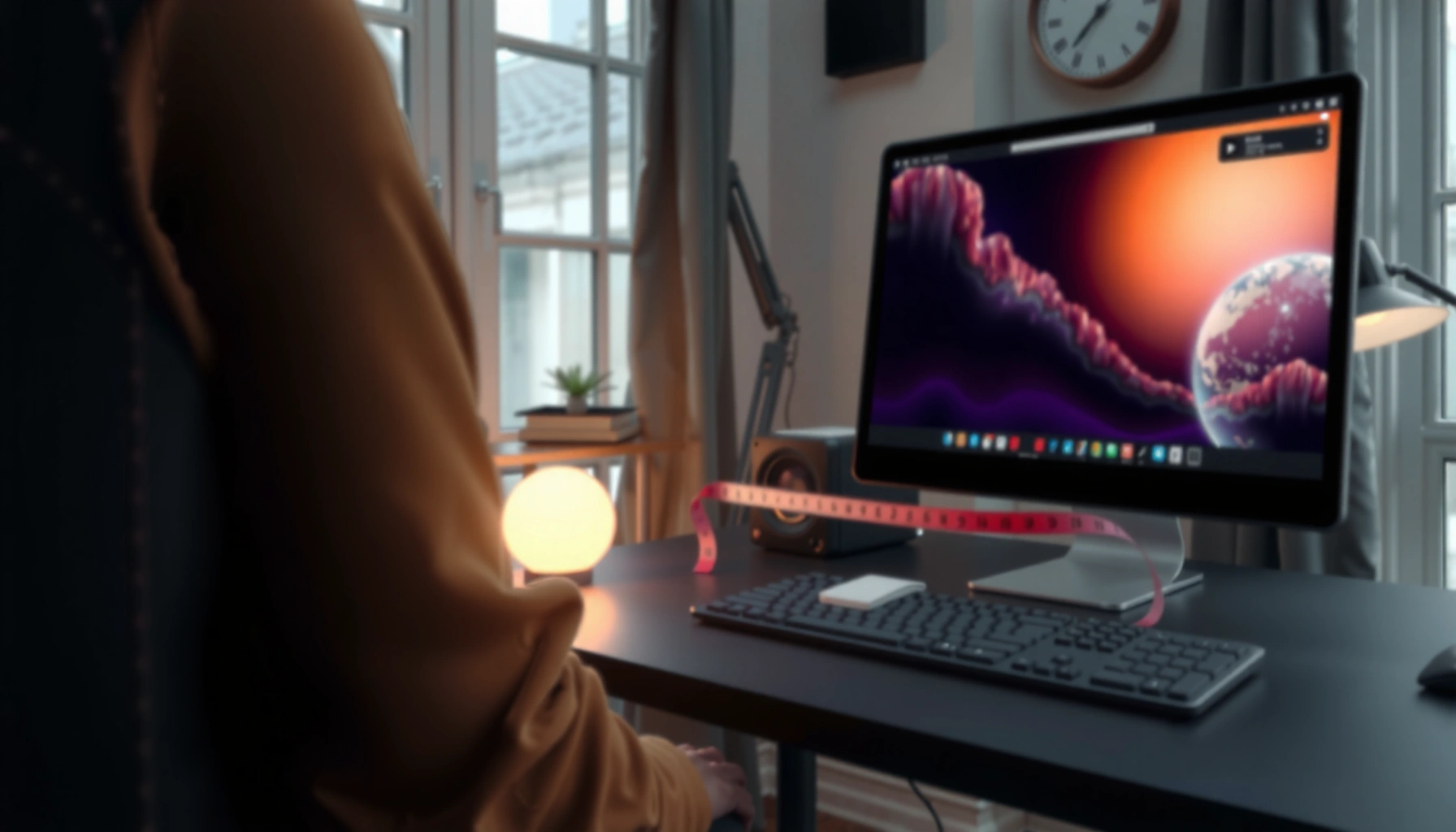 Illustration showing recommended distance to sit from a screen for optimal viewing experience.