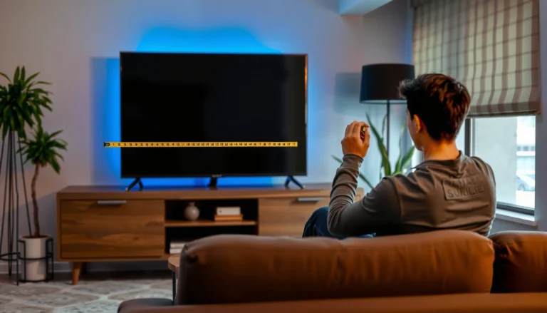 Person measuring the optimal distance to sit from a TV for best viewing experience.