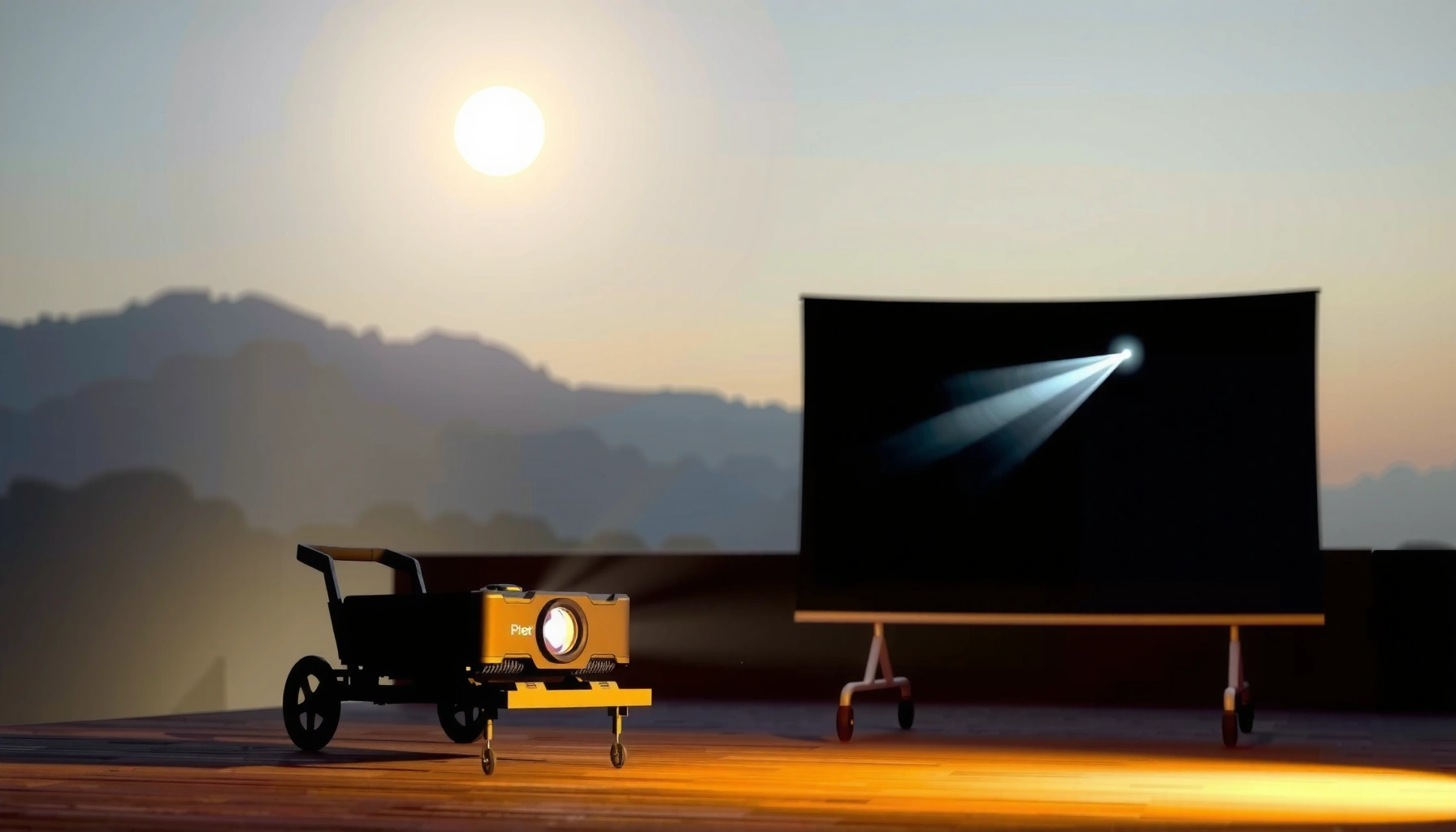 An outdoor projector displaying bright images in daylight, illustrating the importance of lumens for visibility.