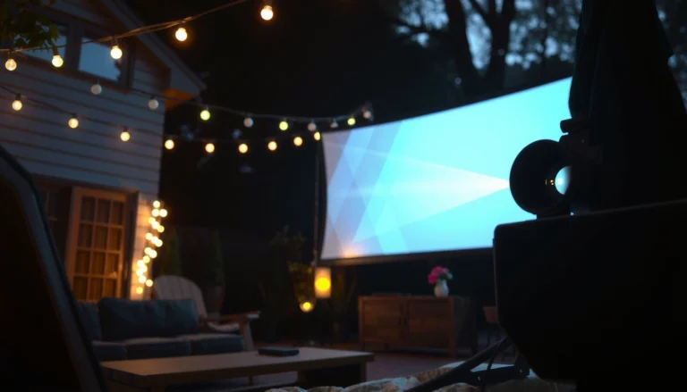 An outdoor projector displaying vibrant images, illustrating the importance of lumens for outdoor viewing.